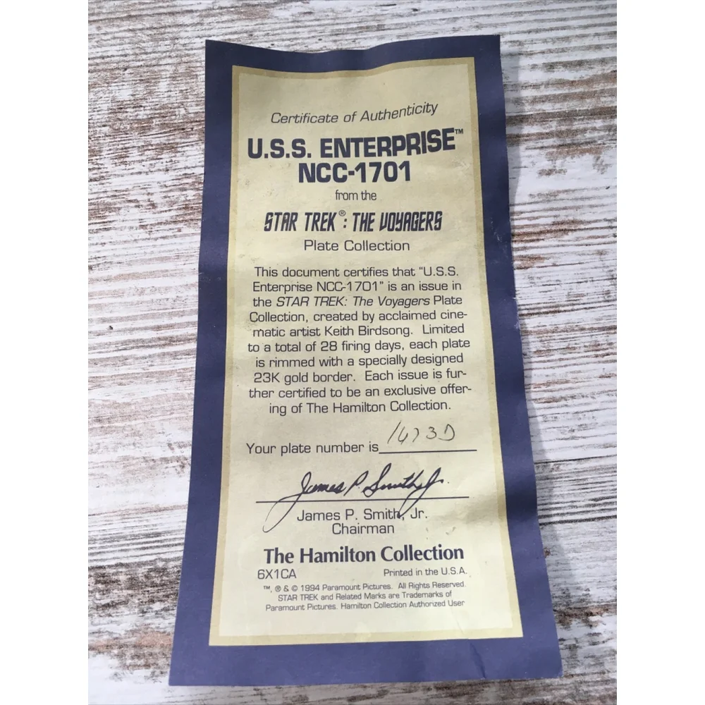 Vintage 1994 Star Trek USS Enterprise Hamilton Collector Plate COA